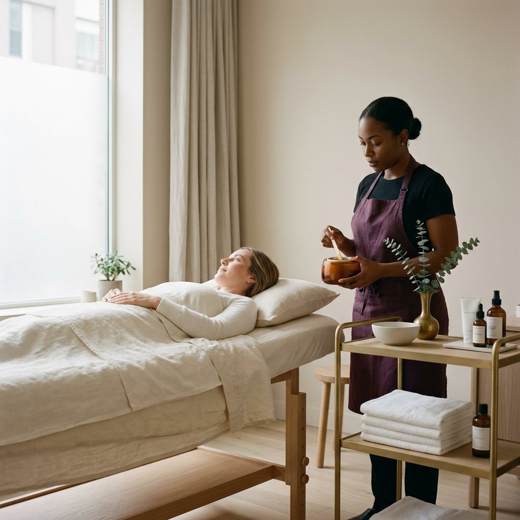 A serene New York City waxing studio setting (editorial illustration).